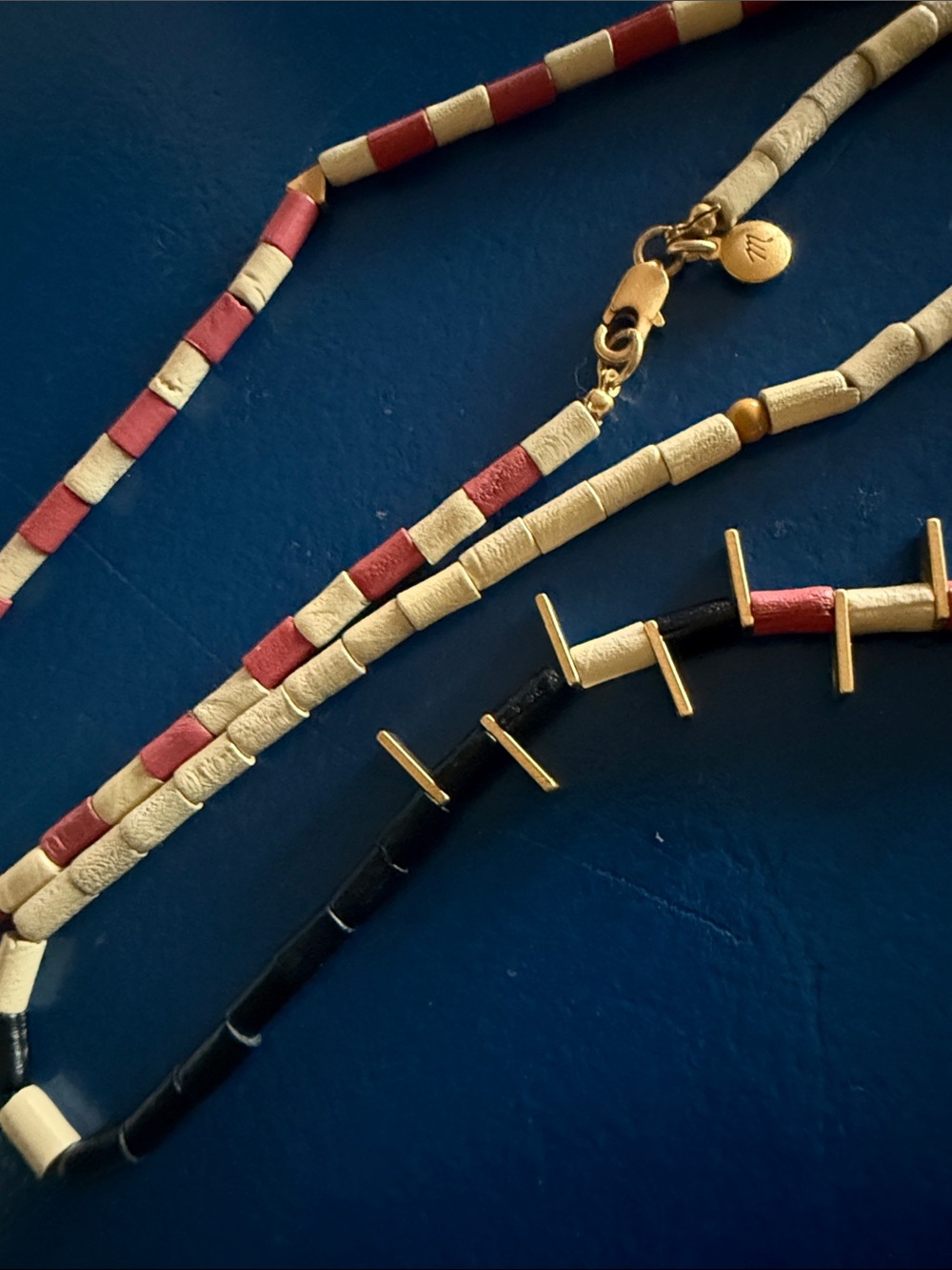 Madewell Statement Necklace Red Cream Black Gold Geometric Beaded Boho - Picture 6 of 6